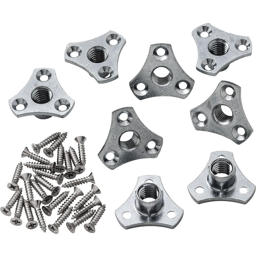 MroMax M4x8mm Zinc Plated Carbon Steel 4 Pronged Tee Nut Full Thread T Nuts Furniture Fastener for Wood Rock Climbing Wall Holds Plywood Particle Board CNC Router Silver Tone 20Pcs 