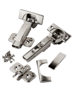 Pair of Blum 110 Degree Soft-Close BLUMotion Clip Top Overlay Hinges for Frameless Cabinets with plates, screws and covers.