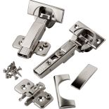Pair of Blum 110 Degree Soft-Close BLUMotion Clip Top Overlay Hinges for Frameless Cabinets with plates, screws and covers.