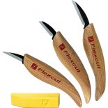 Includes a chip carving knife, mini-chip carving knife, a skew knife, and sharpening compound