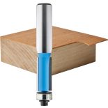 Rockler Piloted Flush Trim Router Bit - 1/2" Shank shown with cut out of wood 