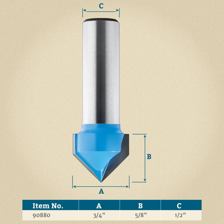 90&deg; x 3/4" D x 5/8" H x 1/2" Shank Rockler V-Groove Bit - full pic 