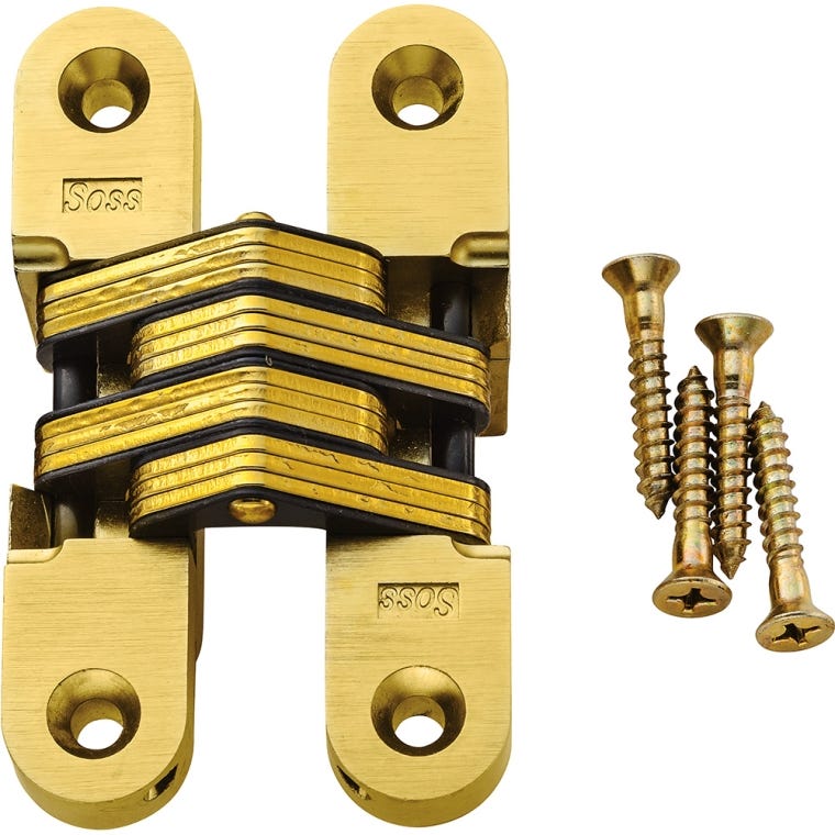 Satin Brass Soss Concealed Hinge, Wings measure 1" Wide x 4-5/8" Long for 1-3/8", SOSS #216 - EACH - full pic 