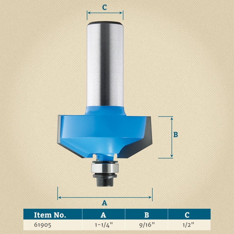 Rockler 30&deg; Chamfer Bead Profile Router Bit - 1-1/4" Dia x 9/16" H x 1/2" Shank - full pic 