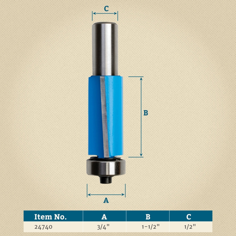 Rockler Shear Flush Trim Bit Router Bit - 3/4" Dia x 1-1/2" H x 1/2" Shank - full pic 