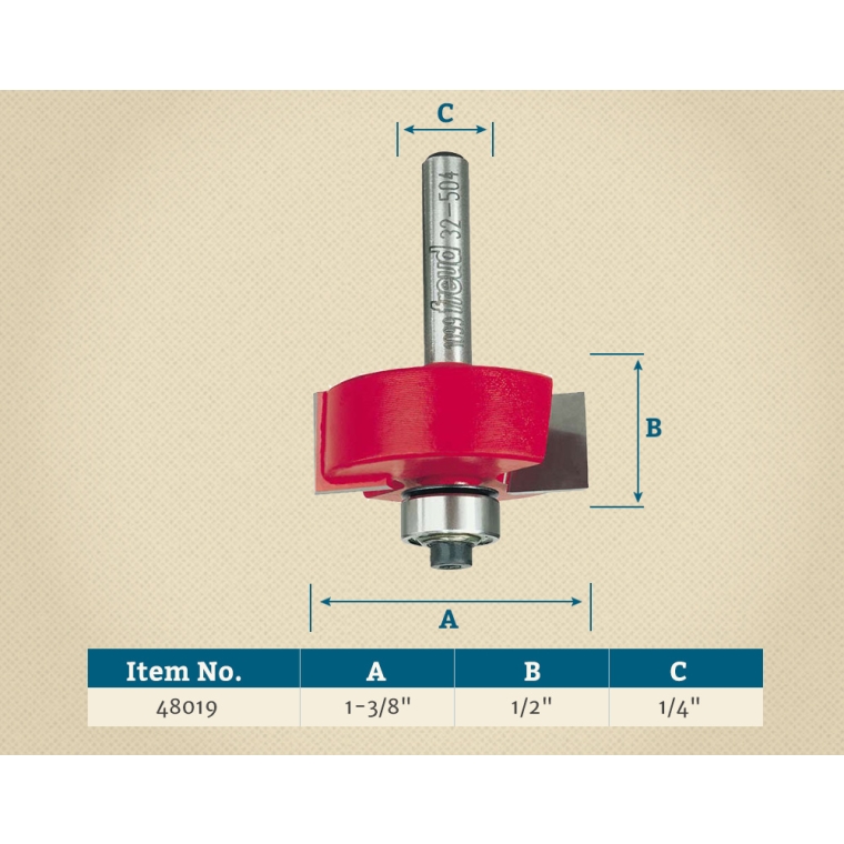 Freud # 32-504 Rabbeting Bit with Bearings, 1-3/8'' Dia. x 1/2'' H x 1/4'' Sh. - full pic 