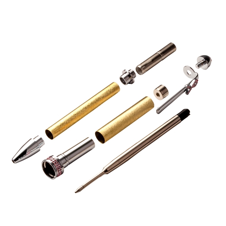 Breast Cancer Awareness Pen Hardware Kit, Chrome with Pink Crystals - full pic 
