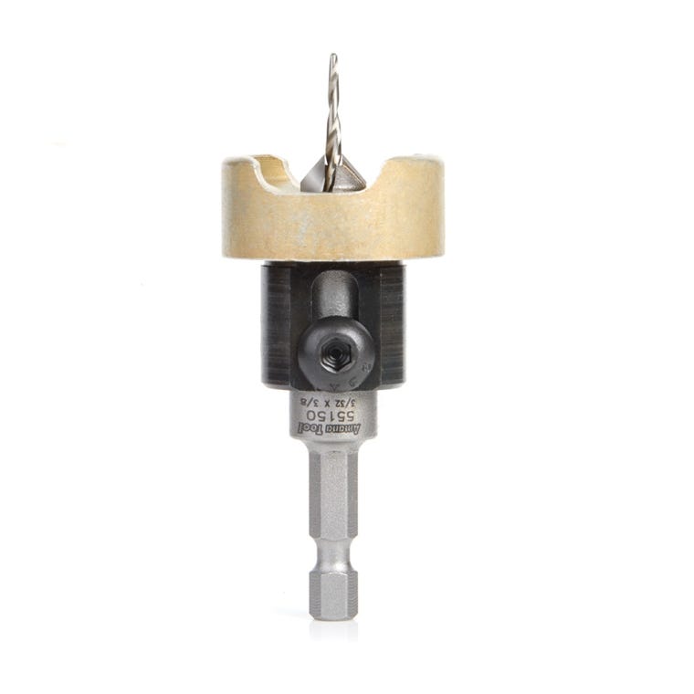 Amana Tool Carbide-Tipped 82&deg; Countersink Drill Bit with Tapered Pilot Bit, No-Mar Ball-Bearing Depth Stop and 1/4'' Hex Shank, 3/8'' Main x 3/32'' Pilot - full pic 