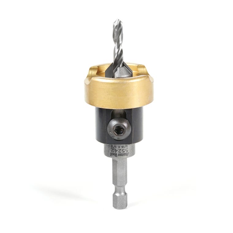 Amana Tool Carbide-Tipped 82&deg; Countersink Drill Bit with Straight Pilot Bit, No-Mar Ball-Bearing Depth Stop and 1/4'' Hex Shank, 1/2'' Main x 3/16'' Pilot - full pic 