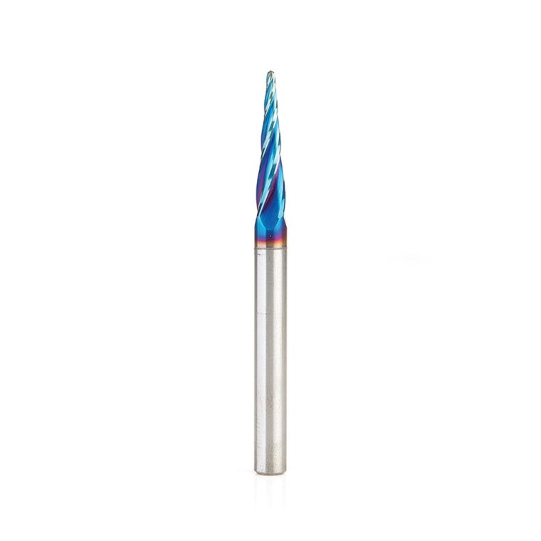 Amana Tool Solid Carbide Spektra 4-Flute Up-Cut Spiral CNC Carving Router Bit, 5.4&deg; Tapered Angle Ball Tip 1/16'' Dia. x 1/32'' Radius x 1'' Cutting Height x 1/4'' Shank x 3'' Long - full pic 
