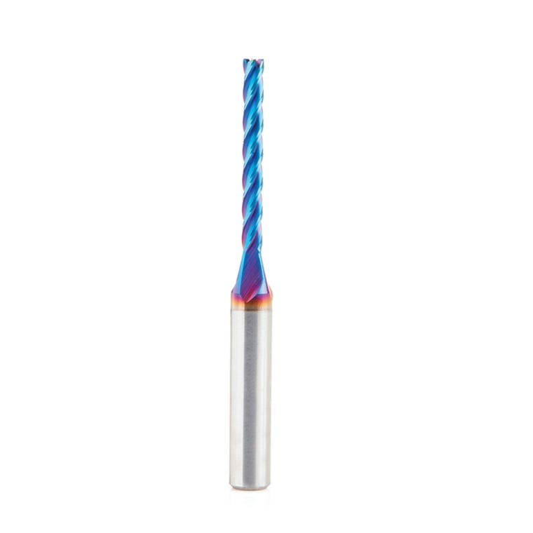 Amana Tool Solid Carbide Spektra 4-Flute Up-Cut Spiral CNC Carving Router Bit, Flat Bottom 0.10&deg; Angle x 1/8'' Dia. x 1-3/32'' Cutting Height x 1/4'' Shank x 2-1/2'' Long - full pic 