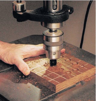 Using drill press to cut out hole plugs for screw holes