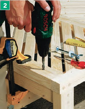 Boring bolts into patio table rails and leg frame