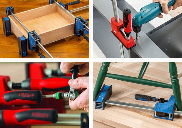 four pictures of parallel jaw woodworking clamps