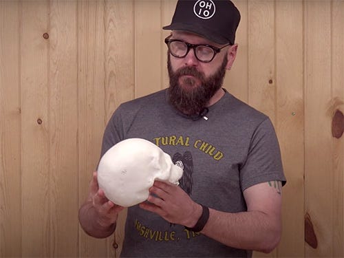 Skull prop made with cut cardboard and modeling clay