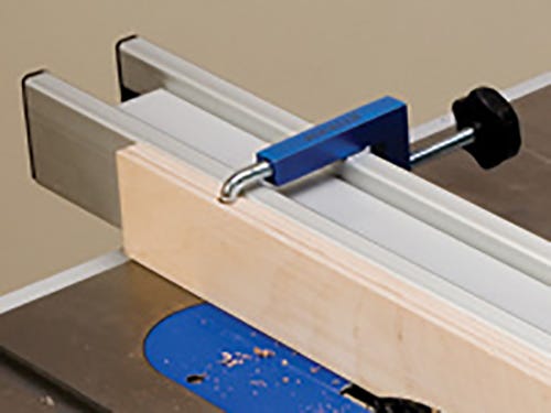 Rockler universal fence clamp holding scrap fence