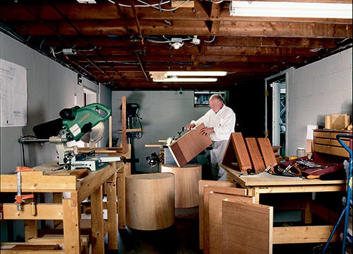 Woodworking shop set up in basement room