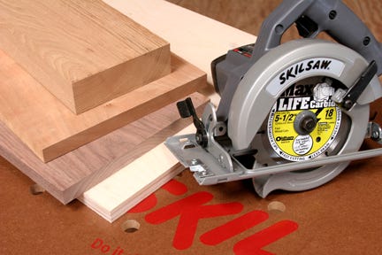 A circular saw with examples of cut lumber