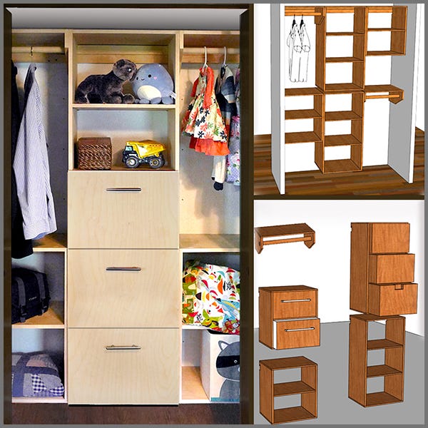 closet storage system with drawers and hanger bars