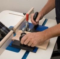 Using router coping sled to cut cabinet door frame part