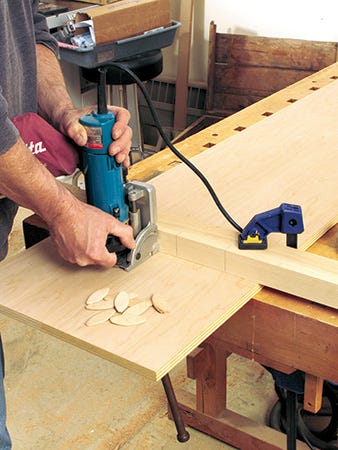 Cutting slots for adding biscuits to cabinet joinery