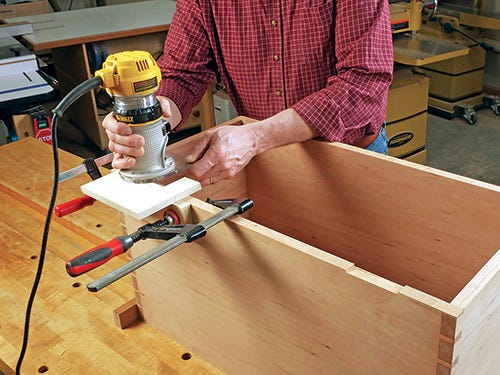 Using hinge installation jig to cut mortises in chest case