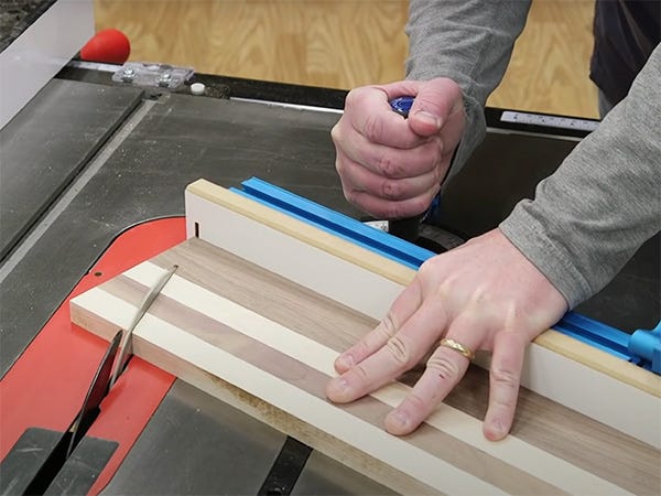 Making cutting board end using precision miter gauge on table saw