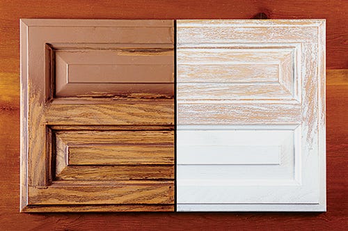Brown and white glazes presented on a raised panel door both smooth and weathered