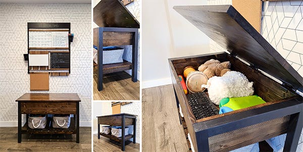 completed diy storage bench set up in a house