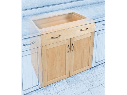 Blue print-style drawing of lower kitchen cabinets