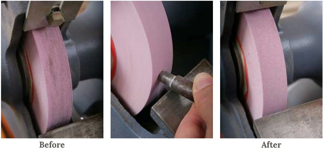 Using a dressing stick to clean a grinding wheel