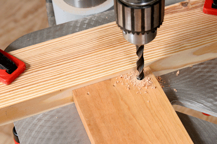 Drilling end-to-face joinery holes with brad-point drill bit