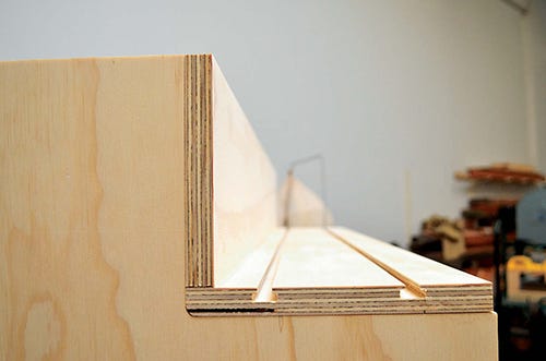 Side view of miter station shelf installation with roundover
