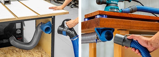 dust hose connected to wall mount couplers and table saw tool
