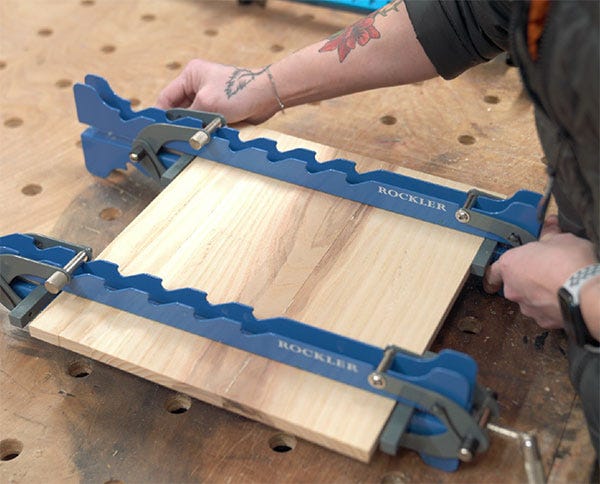 using Rockler Deluxe Panel Clamps to assemble a wood panel