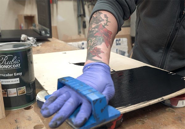 applying Rubio Monocoat wood finish to ash lumber