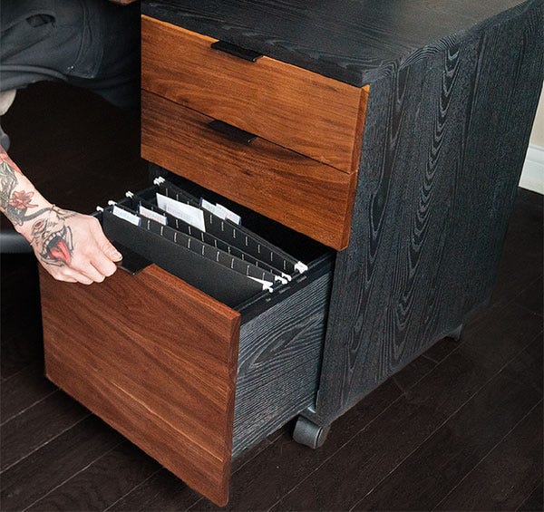 walnut and black stain file cabinet