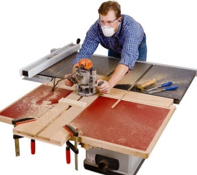 Cutting miter slot in outfeed table with routing jig