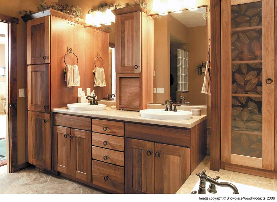 Bathroom vanity and cabinet with wood covering
