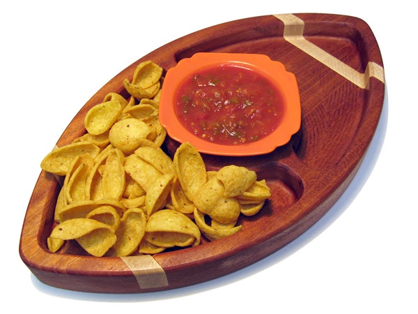 Football shaped snack tray with chips and salsa