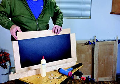 Gluing cabinet door frames around magnetic chalkboard panel