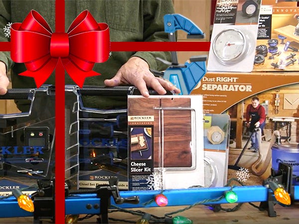 Rockler products on a workbench with a red bow