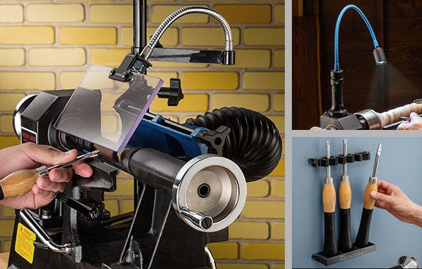 lathe dust collection and lamp and tool holder