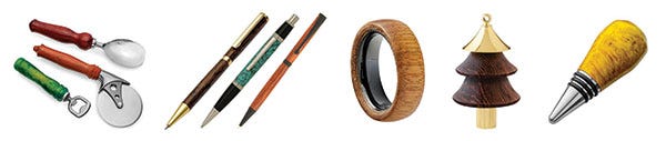 variety of lathe projects such as a bottle opener, pizza cutter and rings