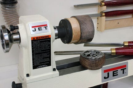 A lathe with a turned faceplate attached