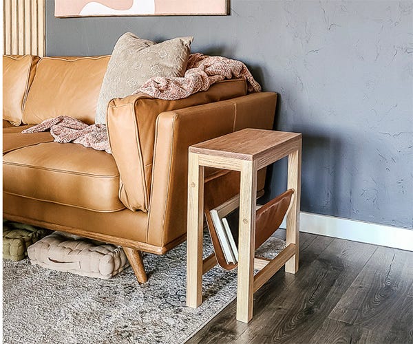 wood side table with leather magazine rack