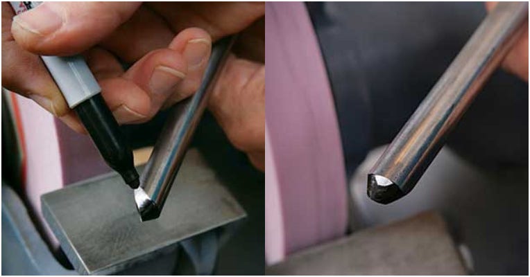 Use a marker to highlight the bevel of a gouge before sharpening