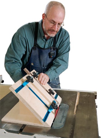 Shop-made miter cutting jig for small box project