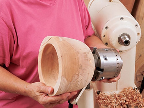 Mounting a large bowl blank on a lathe with a lathe chuck