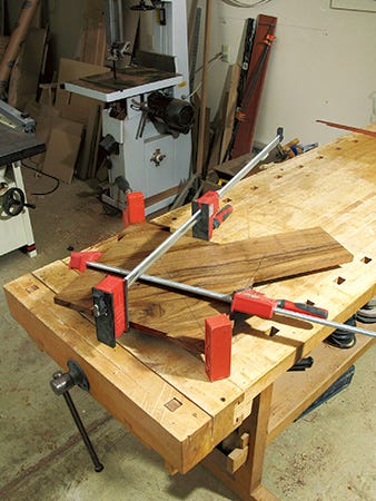 Clamping occasional table tabletop during glue-up